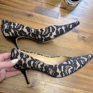 Sexy vintage nude leather/black lace Cole Haan Collection kitten heel pumps